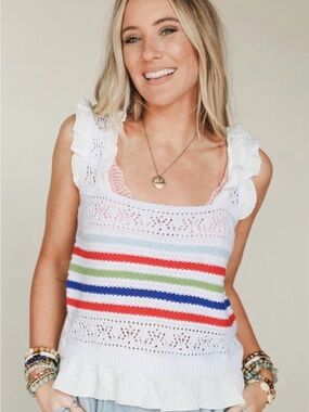 Three Bird Nest White Crochet Tank with Multicolor Stripes